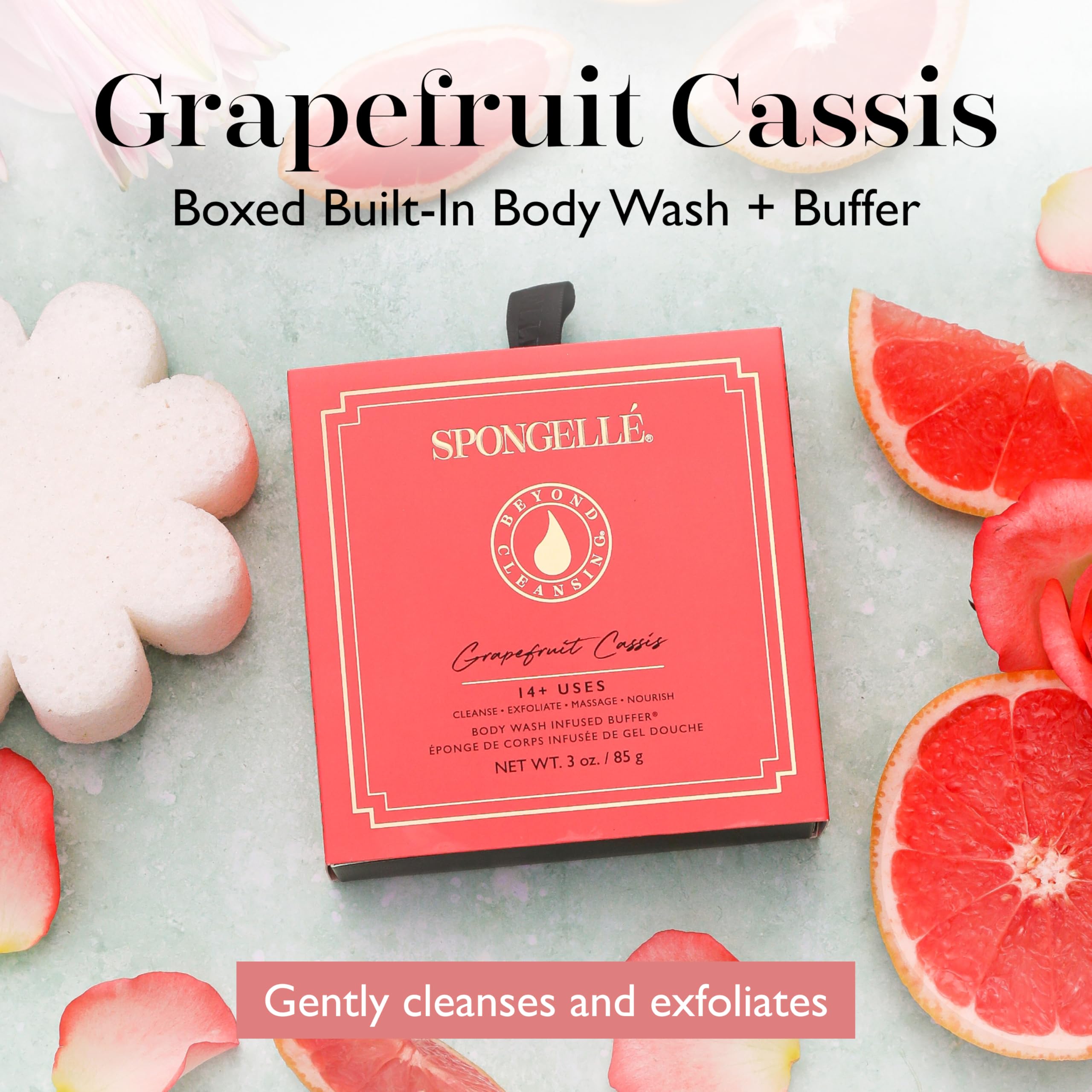 SPONGELLÉ Grapefruit Cassis buffer with hanging ribbon for easy storage