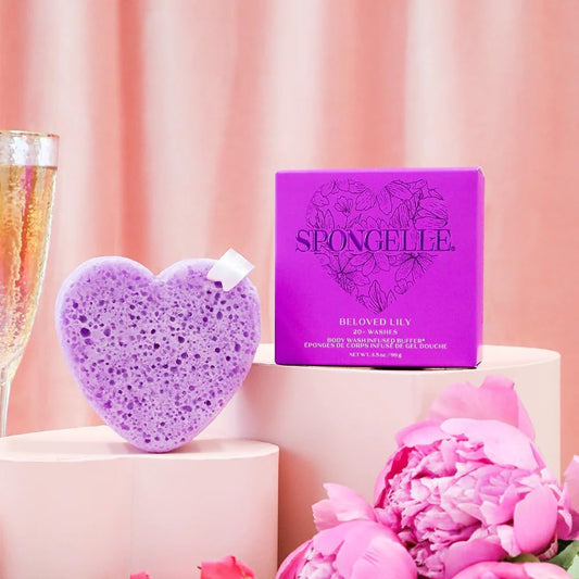 Spongellé Lily Heart Buffer body wash foam cleanses and nourishes skin.