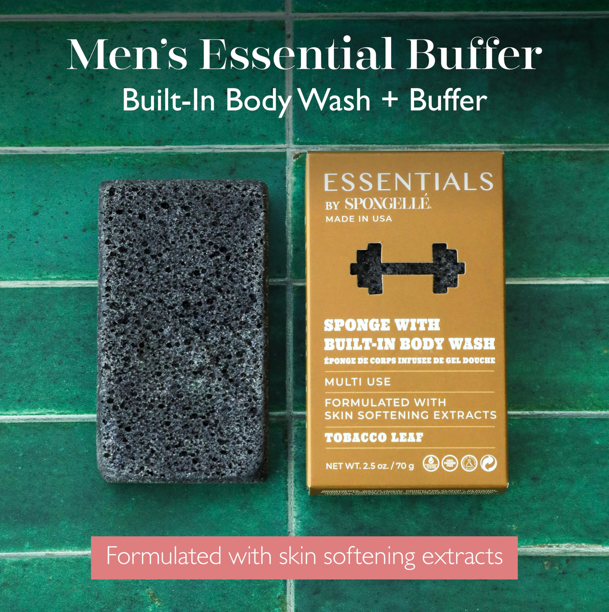 SPONGELLÉ Men’s Tobacco Leaf Buffer releases rich lather for quick cleansing.