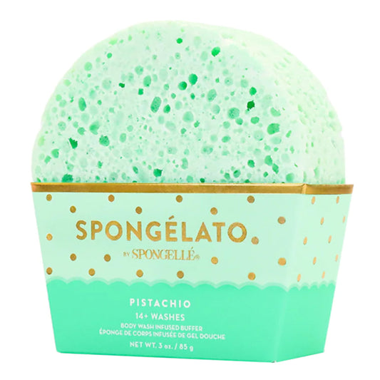 SPONGELLÉ Spongelato Pistachio Loofah for exfoliation with pistachio gelato scent.