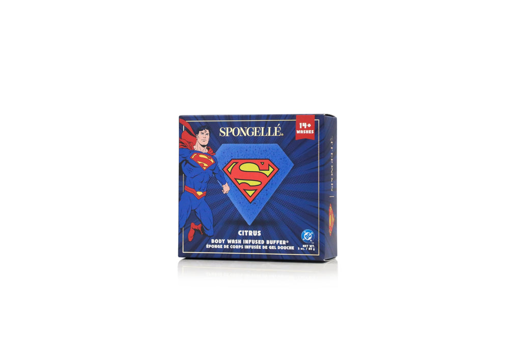 Spongellé Superman Citrus Buffer releasing citrus and spice aroma in the shower.