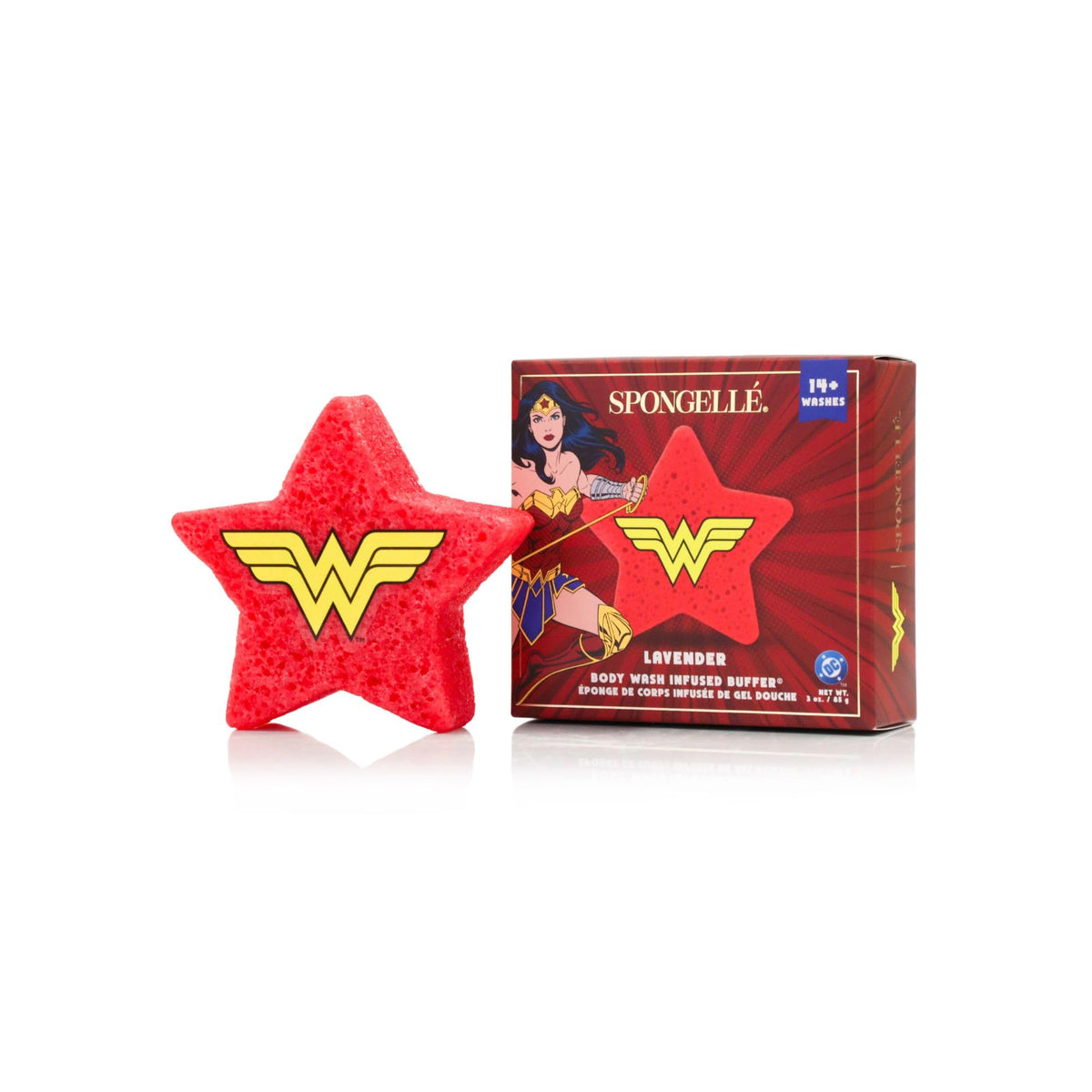 SPONGELLÉ Wonder Woman Lavender buffer under running water delivers cleansing and exfoliation in one step.