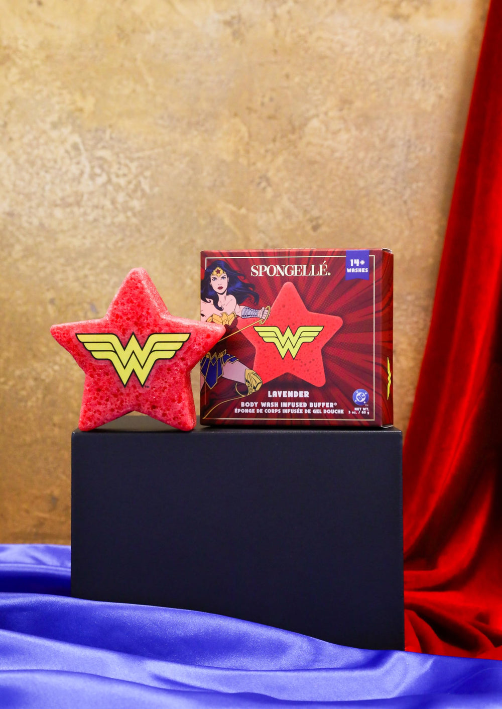 USA-made SPONGELLÉ Wonder Woman buffer packaging signals quality and durability.