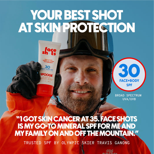 SPOOGE Face Shots applied on cheek, invisible finish for cold-weather protection.