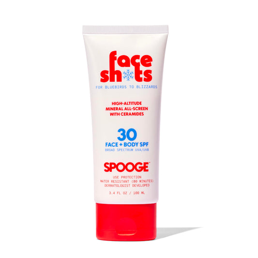 SPOOGE Face Shots bottle front view, mountain-ready mineral sunscreen.