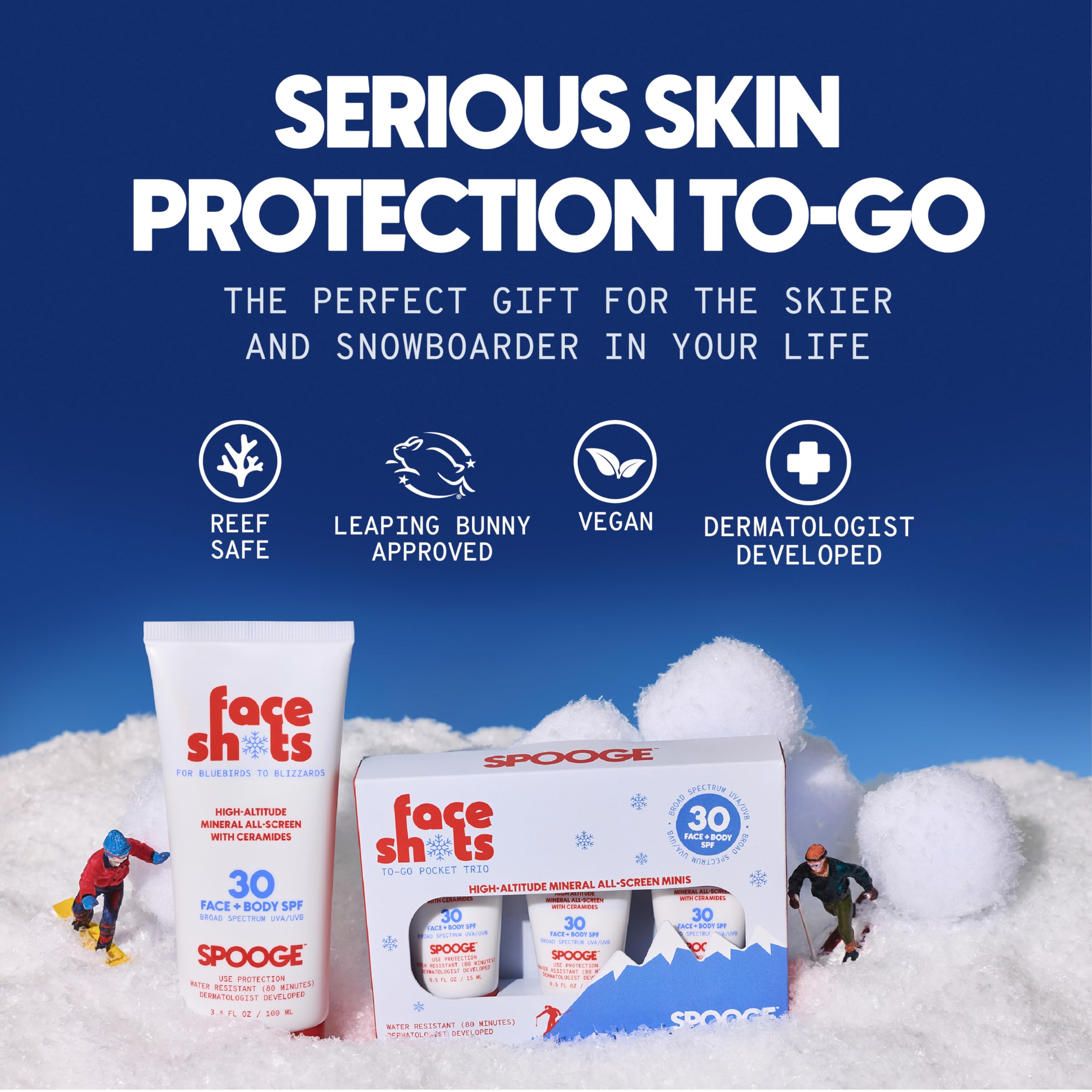 SPOOGE Face Shots in ski action, wind-resistant sunscreen during runs.