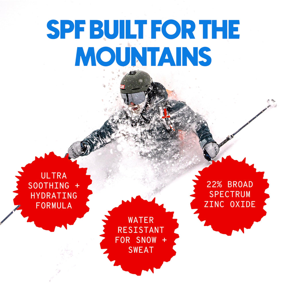 SPOOGE Face Shots on snowy mountainscape protecting skin from alpine glare.