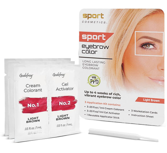 Sport Cosmetics eyebrow color light brown kit for at-home brow coloring and shade matching.