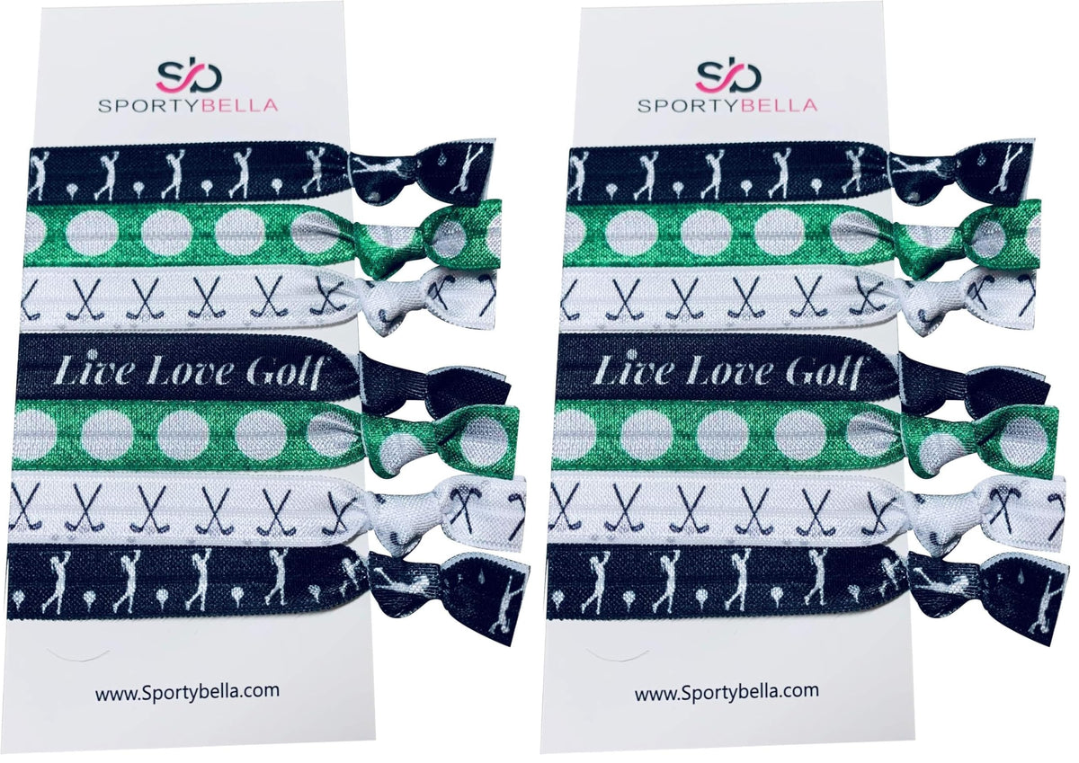Sportybella girls hair ties with green golf club design, gentle hold for active golfers.