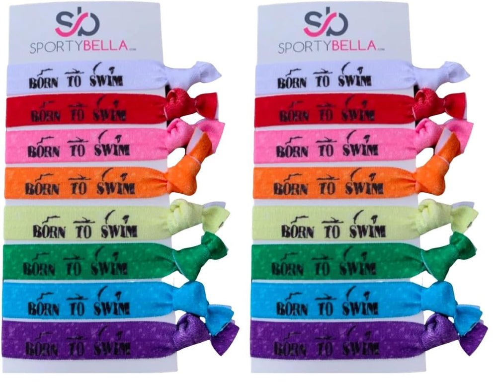 Sportybella swimming hair ties with colorful designs for secure ponies during pool days.