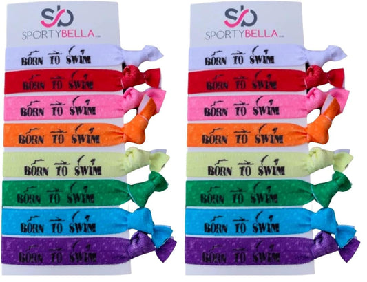 Sportybella swimming hair ties with colorful designs for secure ponies during pool days.