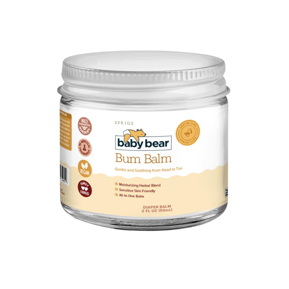 SPRIGS Baby Bear Bum Balm 2oz tin for gentle diaper care and dry skin relief.