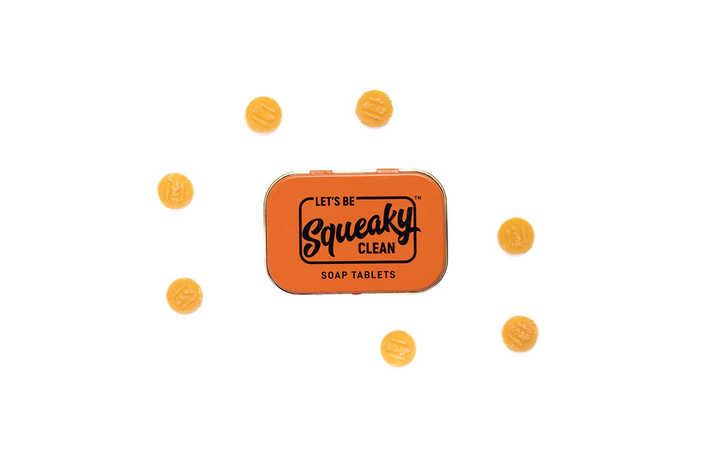 SqueakyClean lavender tablet in tin for soothing scent and gentle cleanse