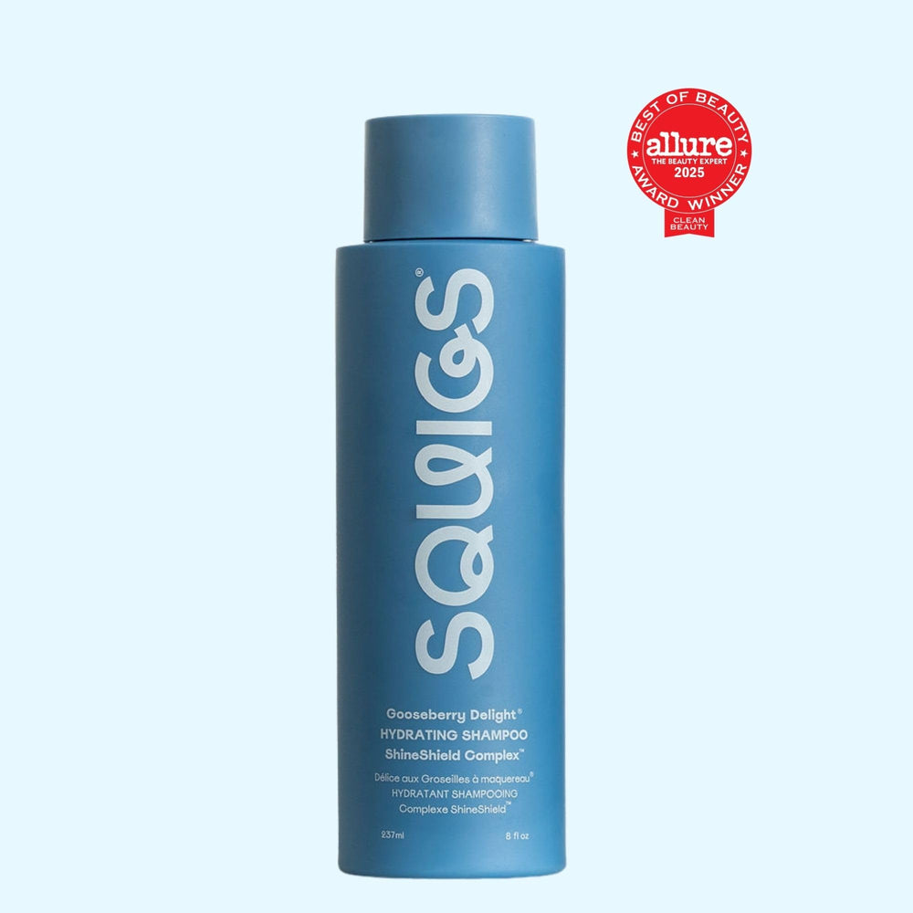 Squigs Gooseberry Delight Shampoo label close-up showing vegan formula.