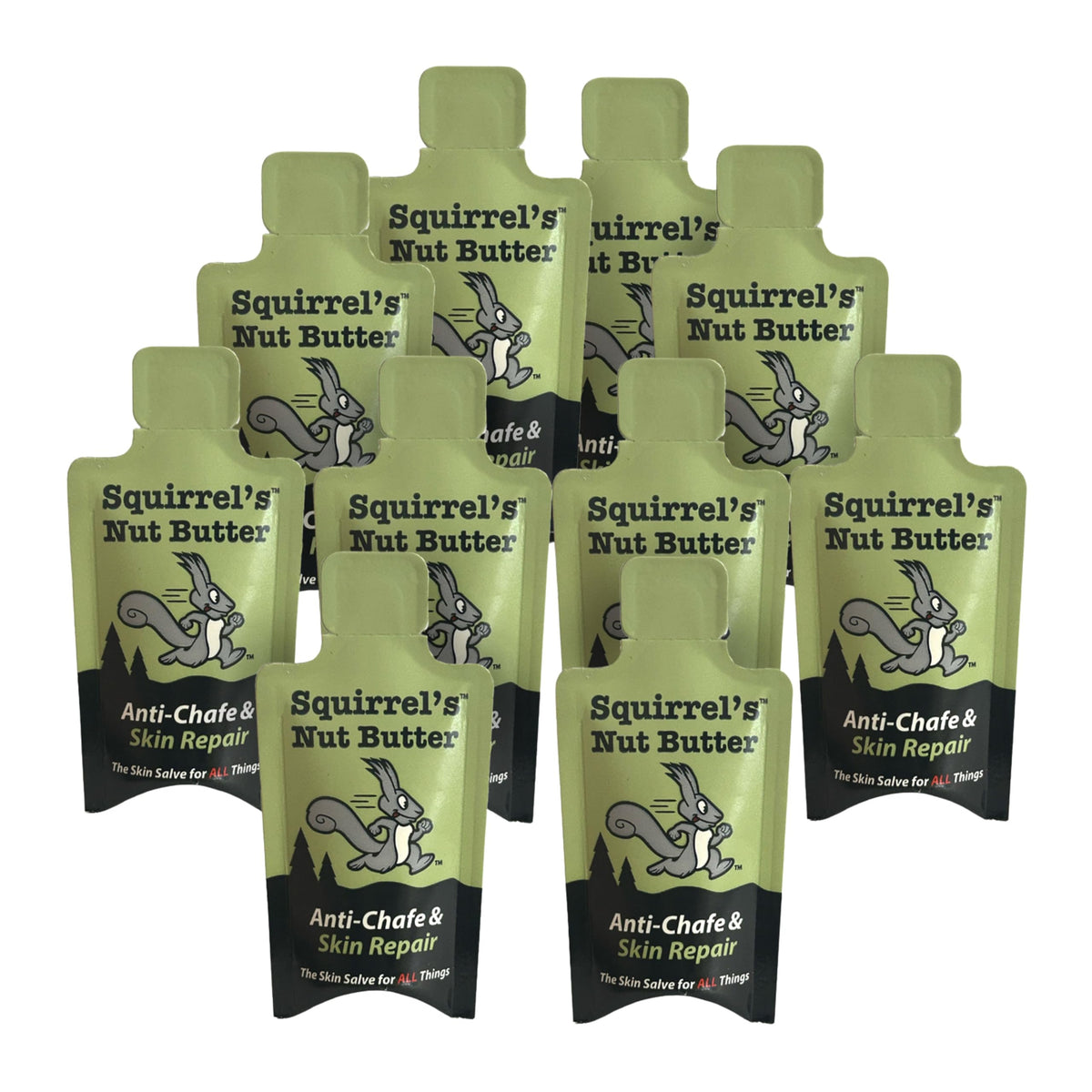Squirrel's Nut Butter adventure packet, front view, compact on-the-go chafing protection for athletes.