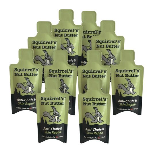 Squirrel's Nut Butter adventure packet, front view, compact on-the-go chafing protection for athletes.