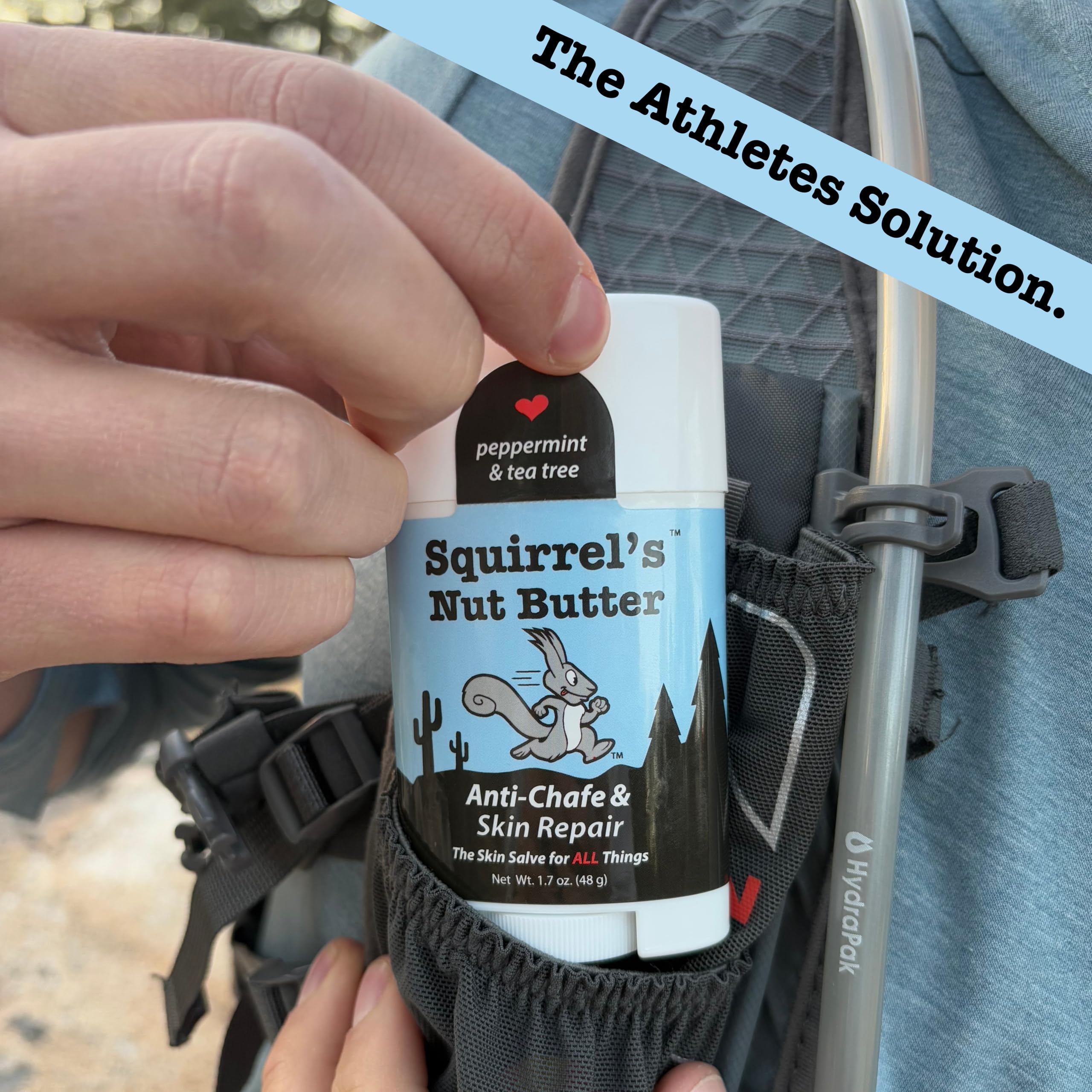 Squirrel's Nut Butter anti chafe stick applied on thigh during activity