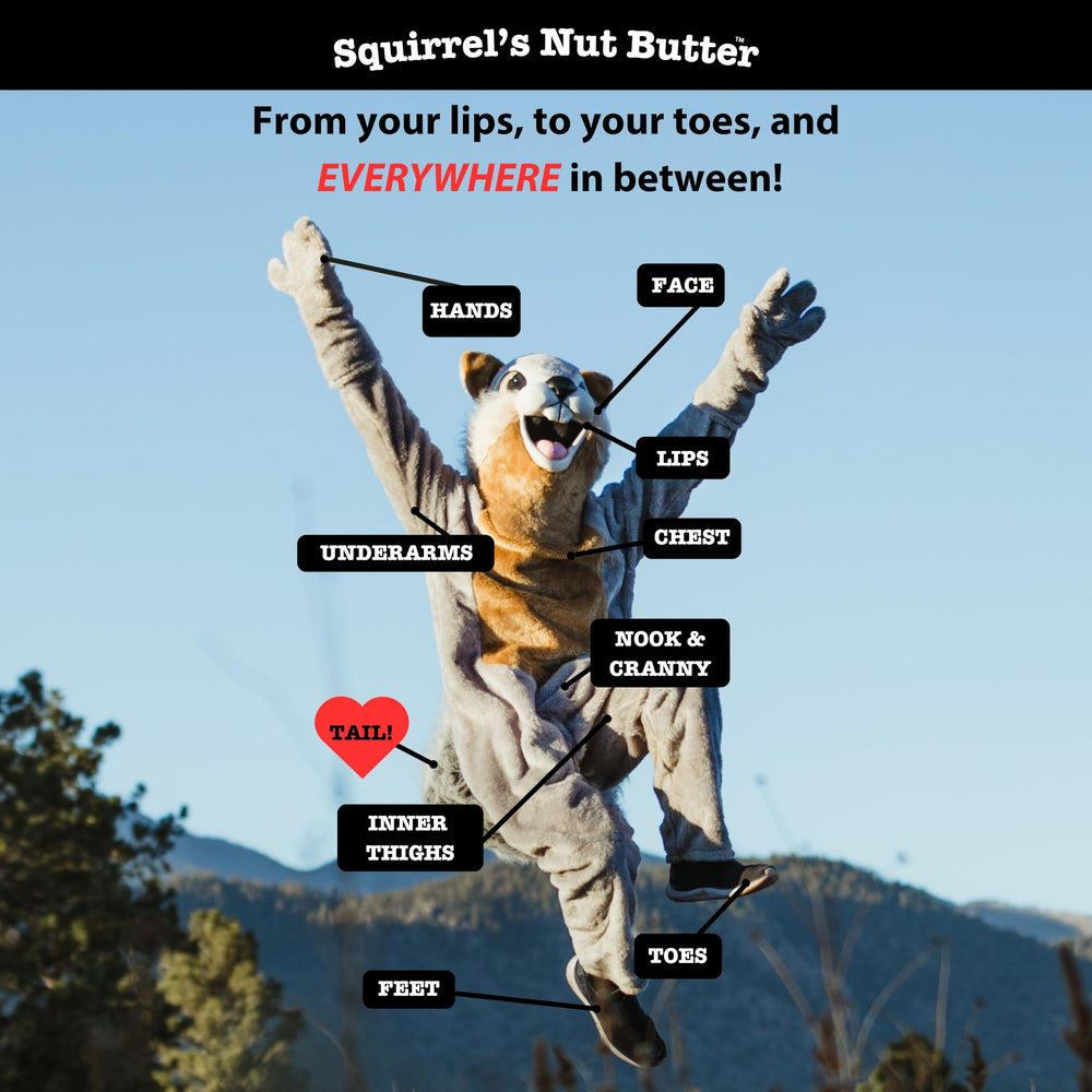 Squirrel's Nut Butter original blend label highlighting all-natural formula for chafing relief on adventures.