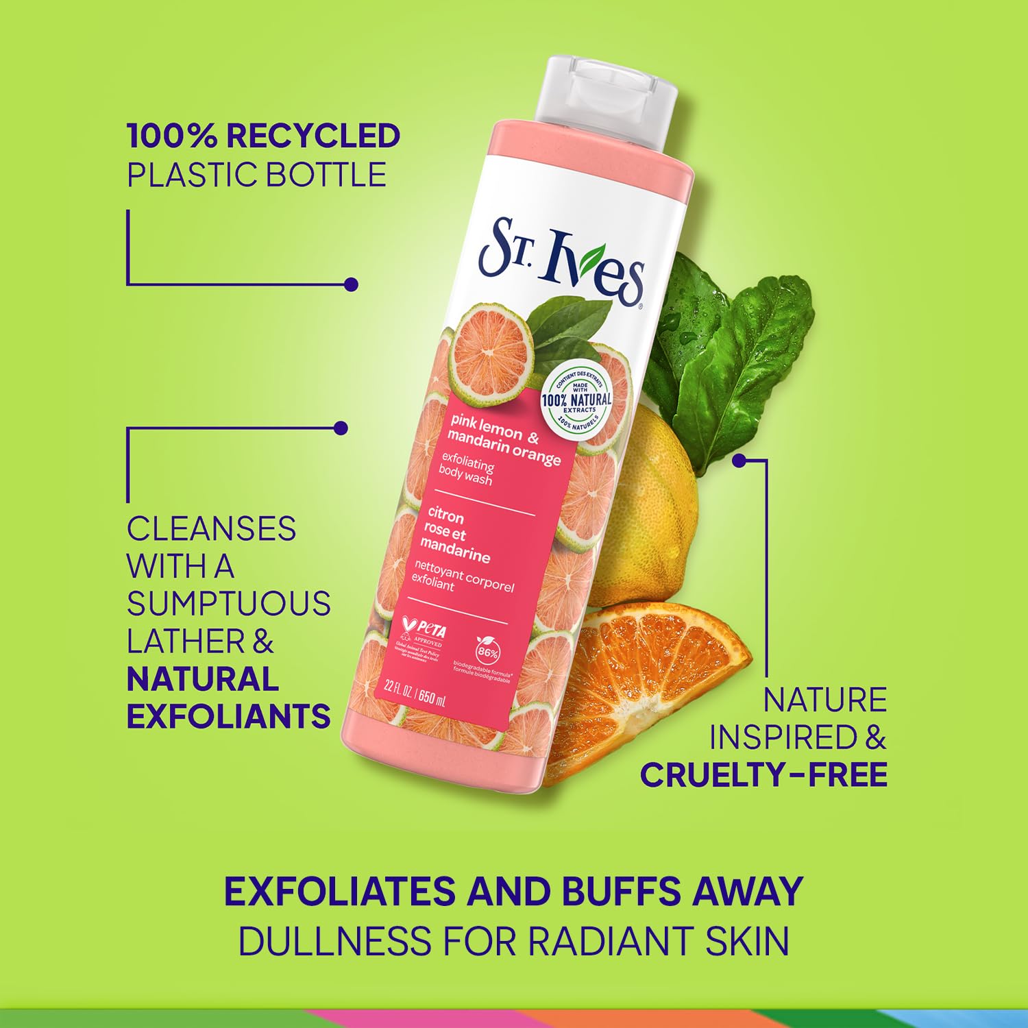 St. Ives biodegradable formula bottle signals eco-friendly skincare.