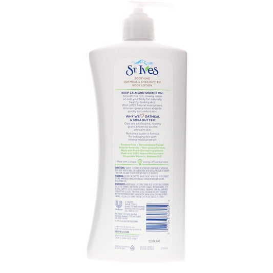 St. Ives body lotion application shows soothing moisture for dry skin.