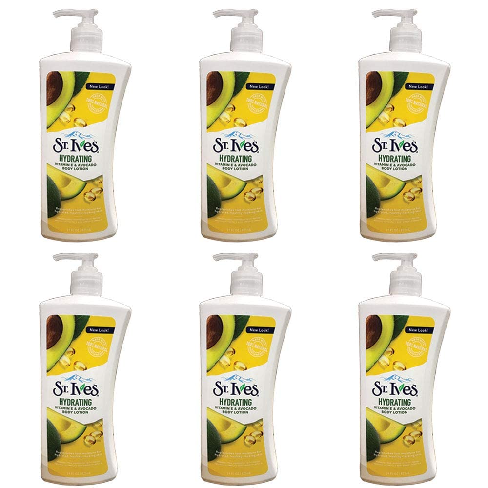 St. Ives Daily Hydrating Vitamin E & Avocado bottle pour nourishes and hydrates the skin.