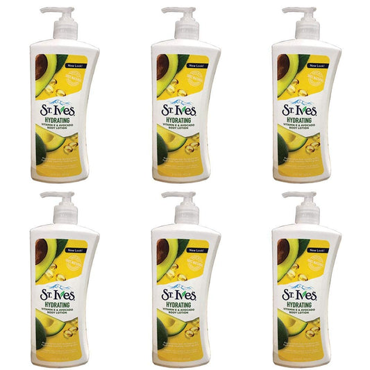 St. Ives Daily Hydrating Vitamin E & Avocado bottle pour nourishes and hydrates the skin.