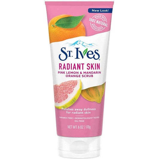 St. Ives Even & Bright face scrub jar highlights citrus exfoliation for smoother skin.