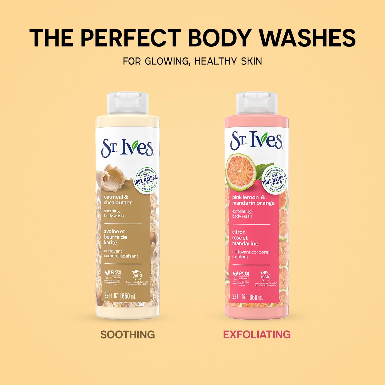 St. Ives exfoliating pink lemon and mandarin orange bottle conveys refreshing exfoliation.