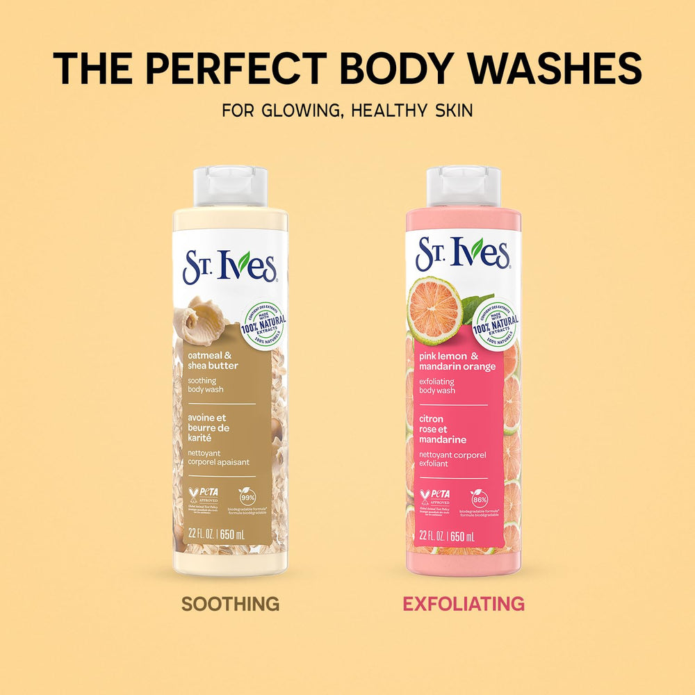 St. Ives exfoliating pink lemon and mandarin orange bottle conveys refreshing exfoliation.