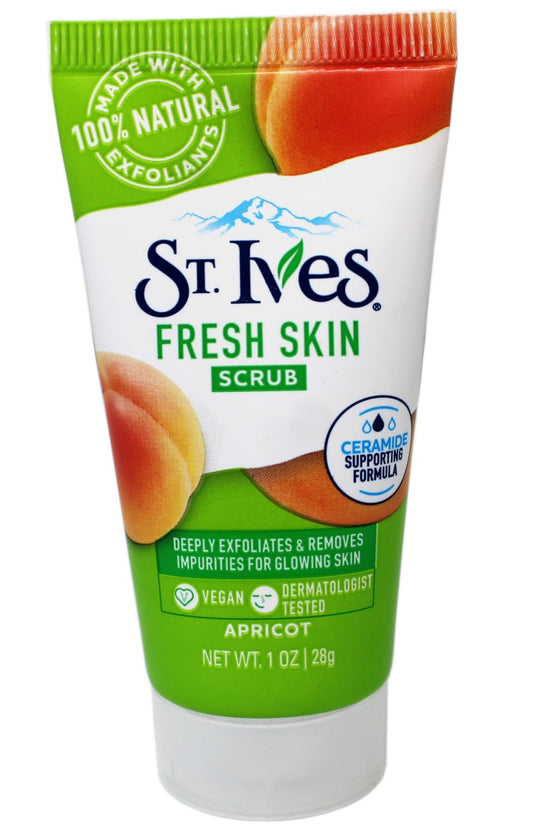 St. Ives Fresh Skin Scrub apricot exfoliant particles for smoother, refreshed skin.