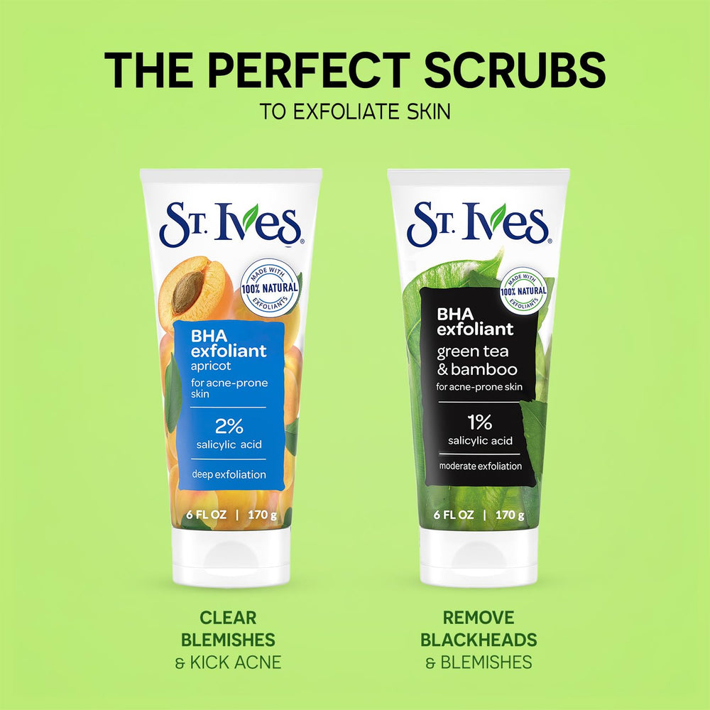 St. Ives Green Tea & Bamboo Scrub bottle emphasizes clear pores and balance.