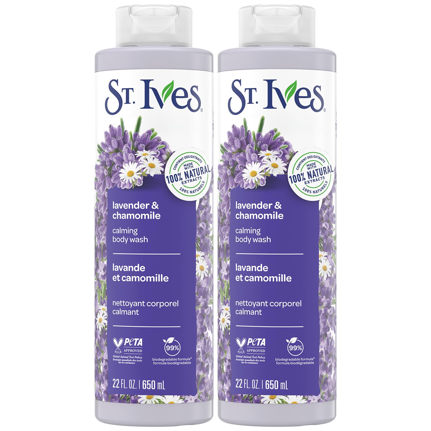 St. Ives Lavender Chamomile bottle pour supports a calming shower.