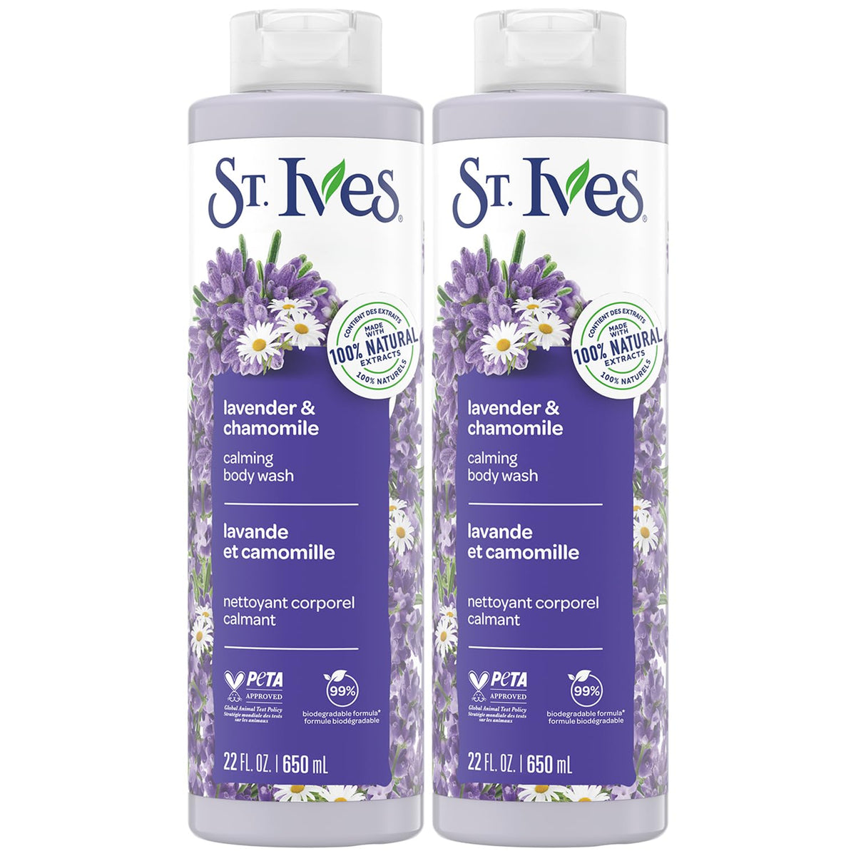 St. Ives Lavender Chamomile bottle pour supports a calming shower.