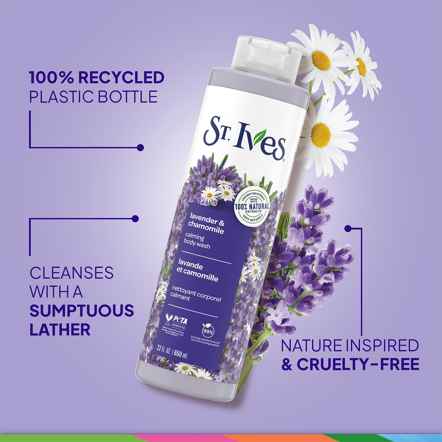 St. Ives Lavender Chamomile product packaging highlights eco-friendly design.