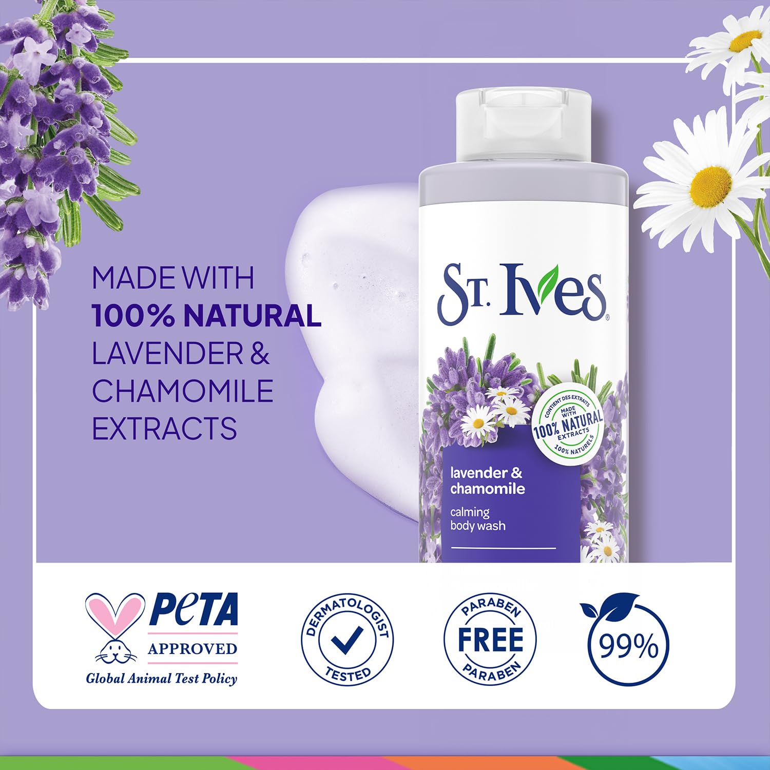 St. Ives Lavender Chamomile paraben-free label indicates gentle cleansing.