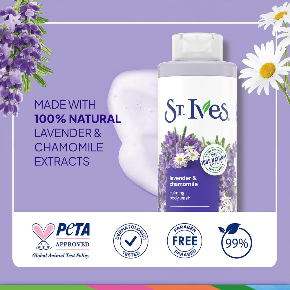 St. Ives Lavender Chamomile paraben-free label indicates gentle cleansing.