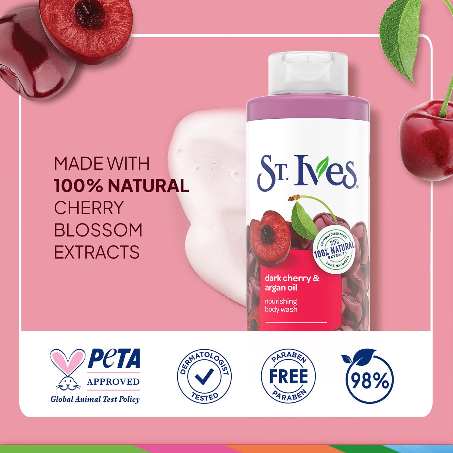 St. Ives paraben-free dermatologist-tested formula supports gentle cleansing.