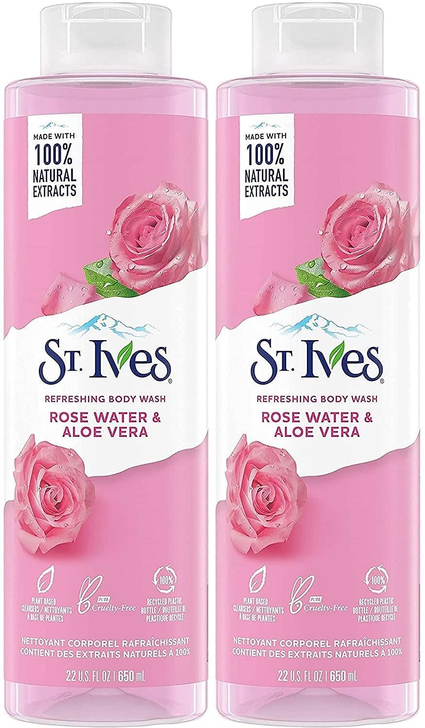 St. Ives Rose Water & Aloe Vera body wash bottle for a refreshing cleanse and hydration