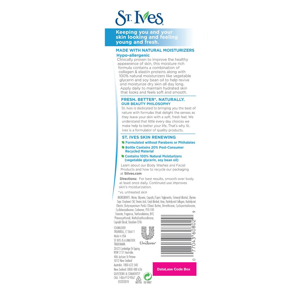 St. Ives lotion close-up on label highlighting collagen and elastin benefits