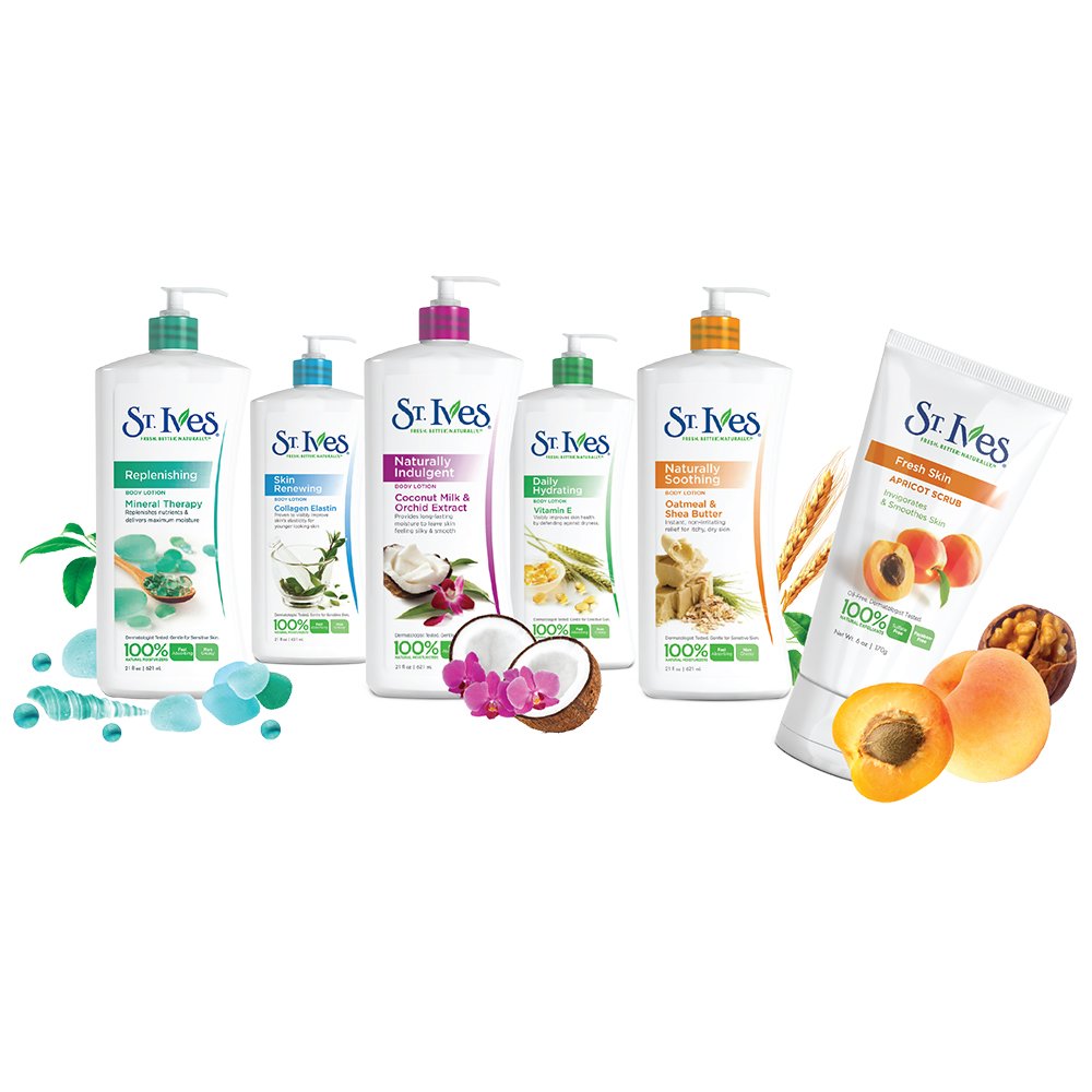 St. Ives Renewing lotion packaging with key usage guidance and ingredients
