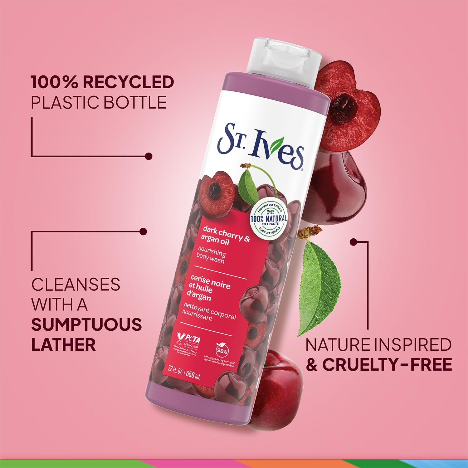 St. Ives silky lather evokes moisturizing feel during shower routine.