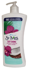 St. Ives softening body lotion bottle pump features coconut milk for smooth, hydrated skin.