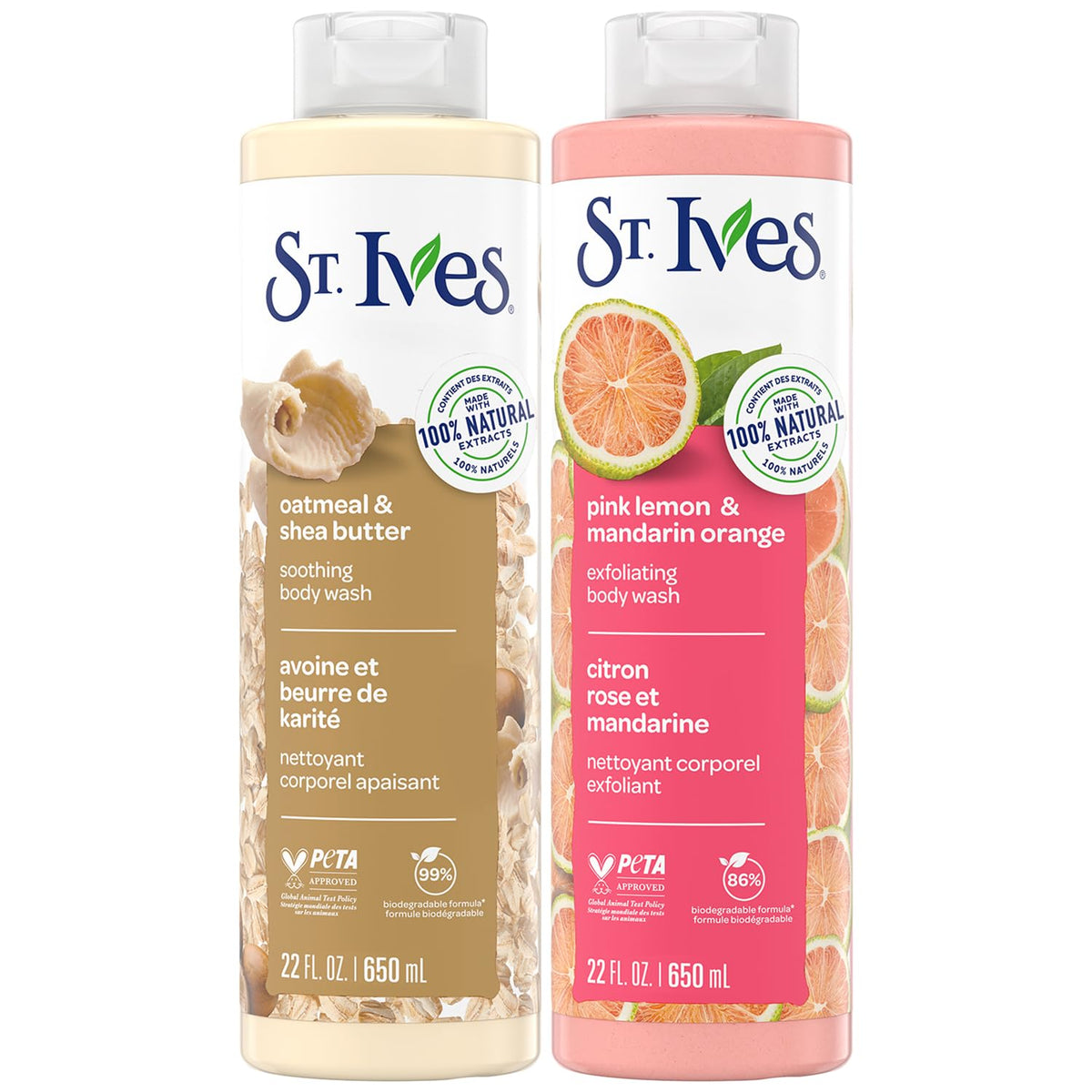 St. Ives soothing oatmeal and shea butter bottle highlights moisturizing formula.