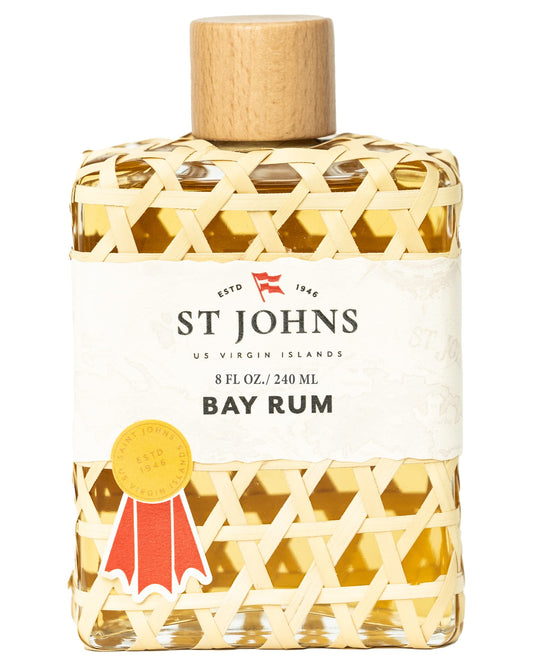 St. John Bay Rum aftershave bottle pour reflects premium grooming for daily use