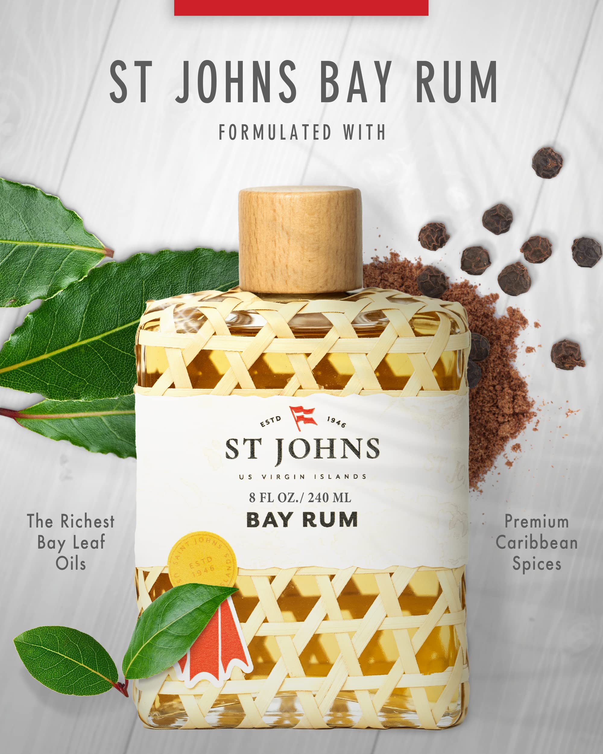 St. John Bay Rum label detail conveys classic masculinity with a refreshing finish