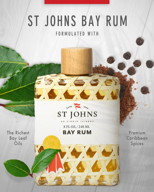 St. John Bay Rum label detail conveys classic masculinity with a refreshing finish