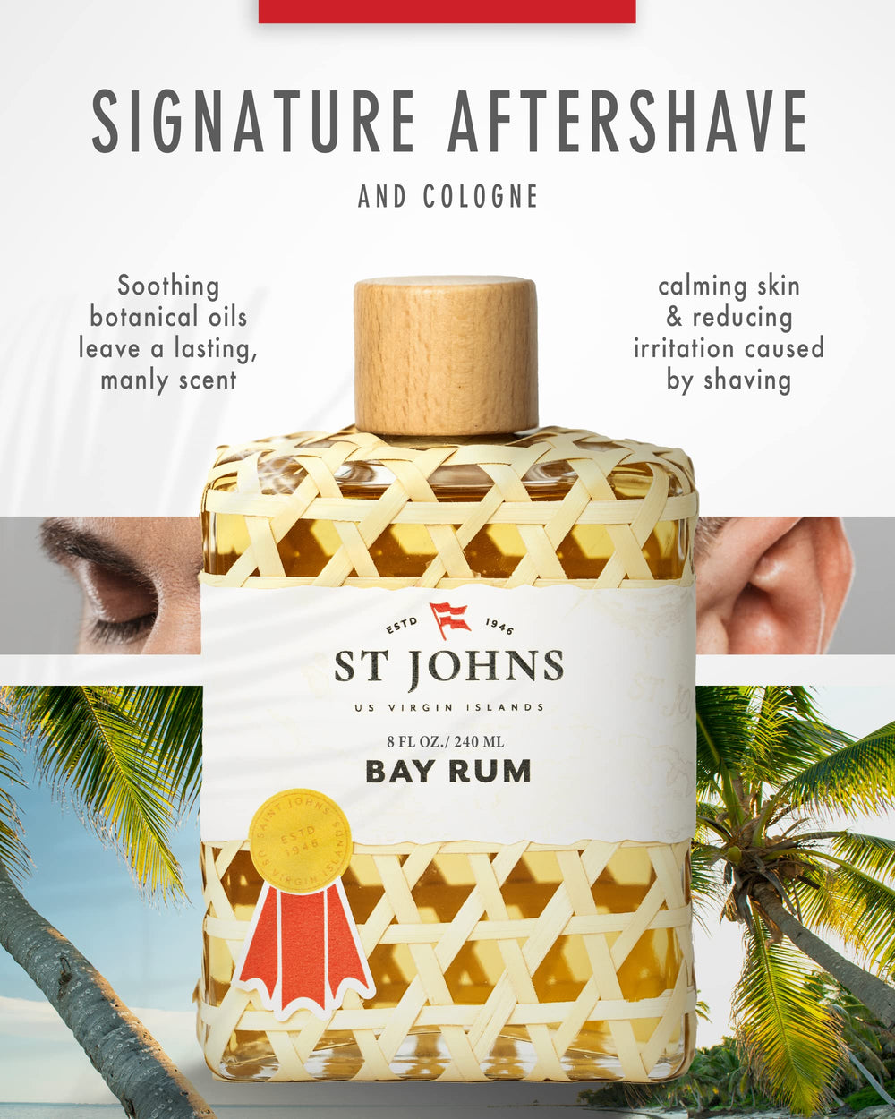St. John Bay Rum splash bottle highlights iconic FishPot weave design