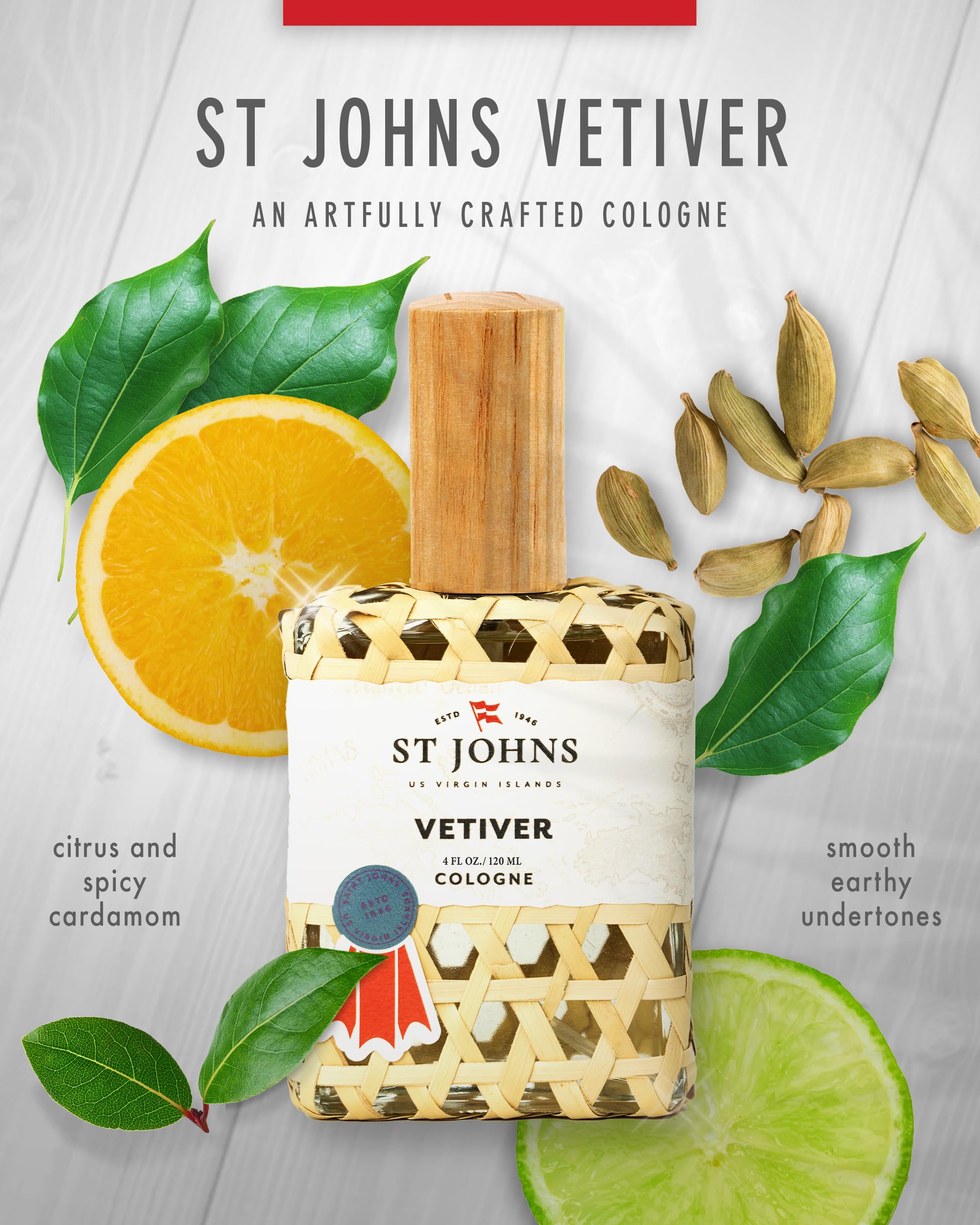 St. John Classic Vetiver with fishpot weave bottle, handcrafted island fragrance.