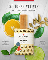 St. John Classic Vetiver with fishpot weave bottle, handcrafted island fragrance.