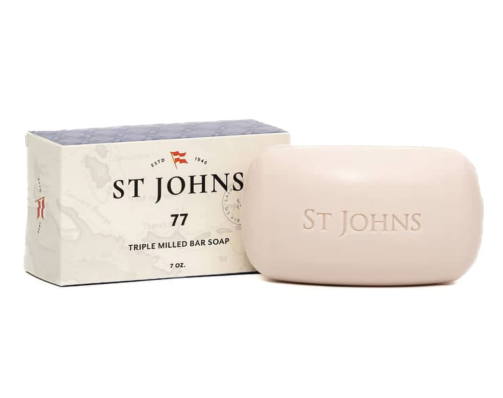 St. John No. 77 packaging view highlighting premium design for men’s grooming
